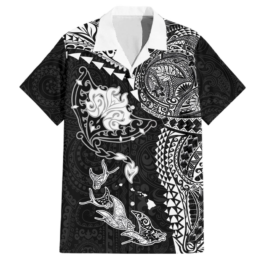Hawaiian Manta Ray Tribal Family Matching Tank Maxi Dress and Hawaiian Shirt Polynesian Art Motifs Black Color