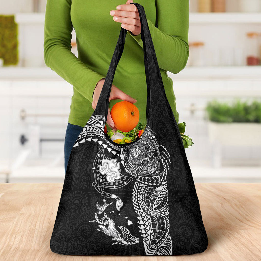Hawaiian Manta Ray Tribal Grocery Bag Polynesian Art Motifs Black Color