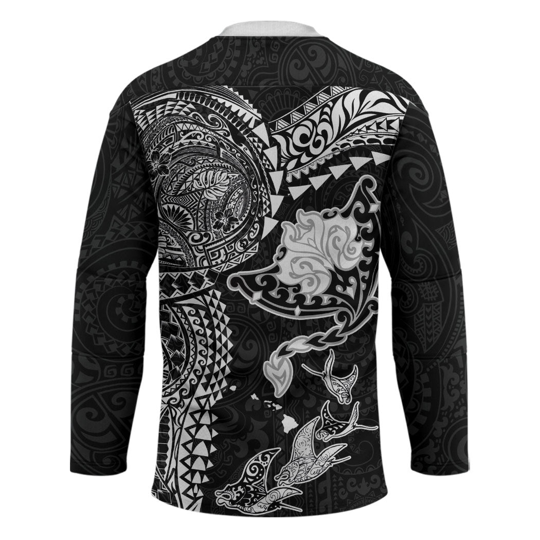 Hawaiian Manta Ray Tribal Hockey Jersey Polynesian Art Motifs Black Color
