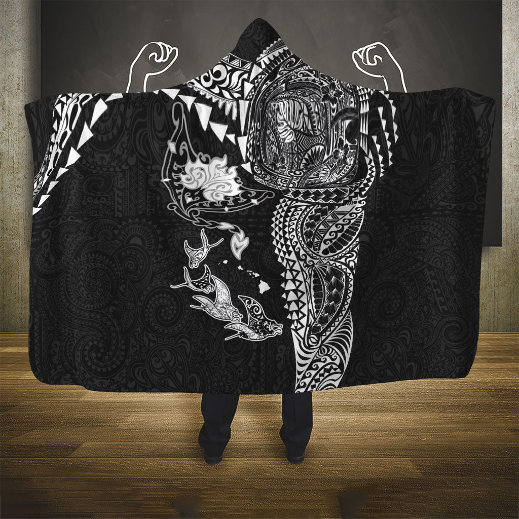 Hawaiian Manta Ray Tribal Hooded Blanket Polynesian Art Motifs Black Color LT03 - Polynesian Pride