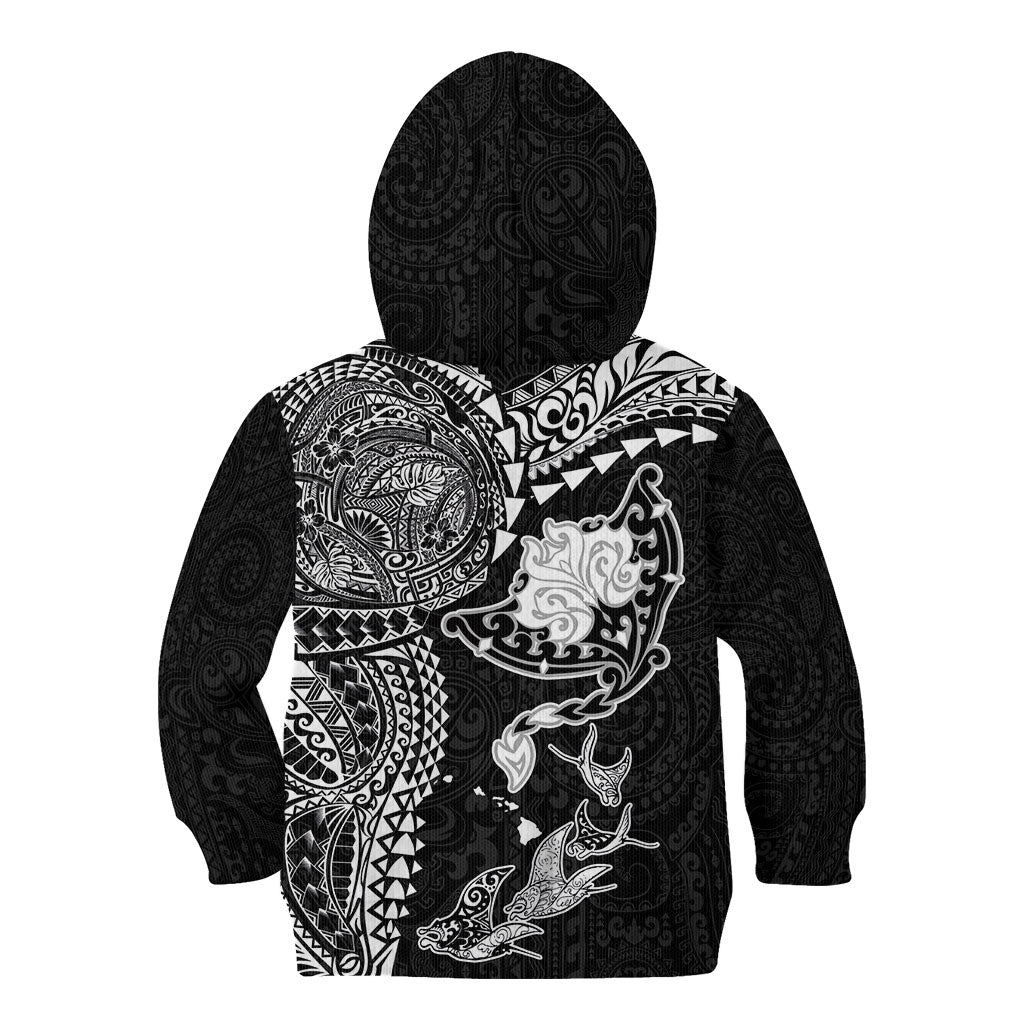 Hawaiian Manta Ray Tribal Kid Hoodie Polynesian Art Motifs Black Color