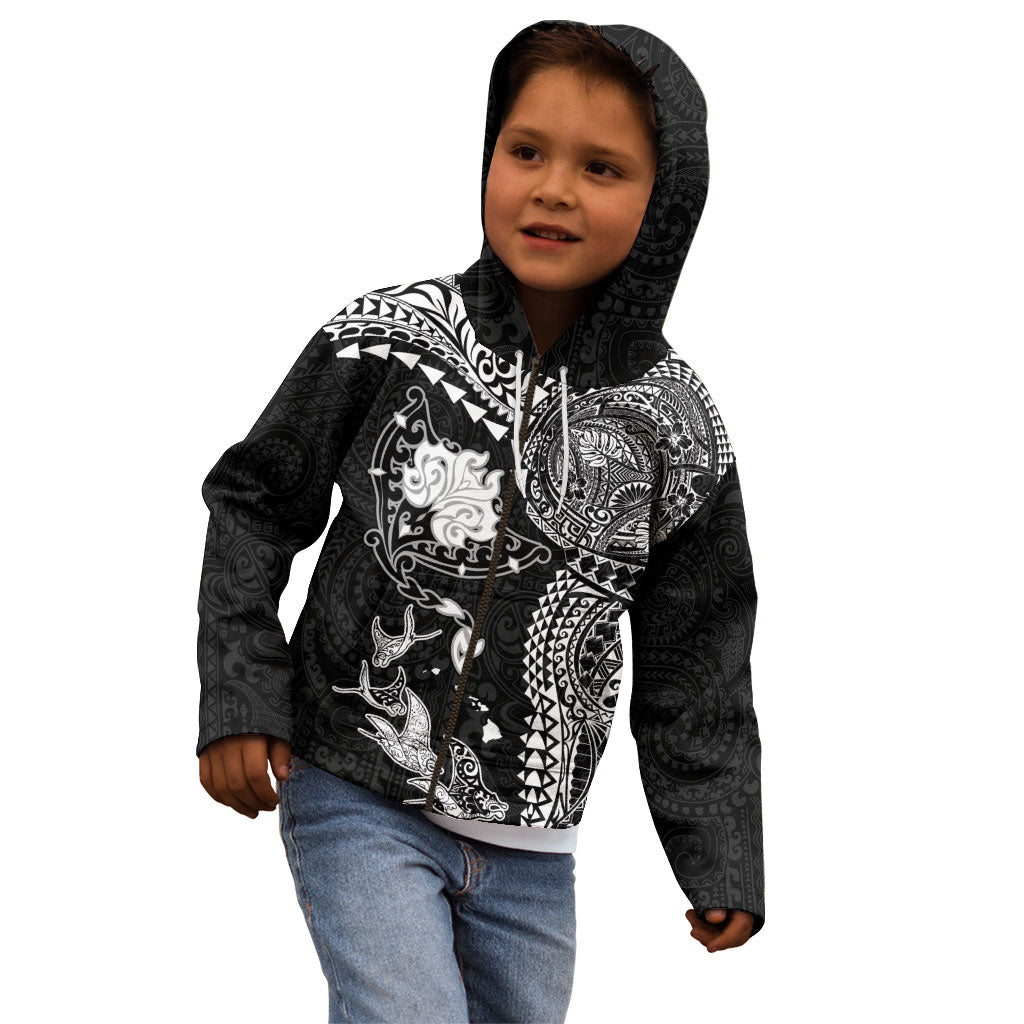 Hawaiian Manta Ray Tribal Kid Hoodie Polynesian Art Motifs Black Color