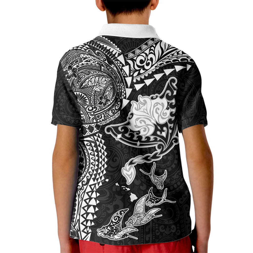 Hawaiian Manta Ray Tribal Kid Polo Shirt Polynesian Art Motifs Black Color