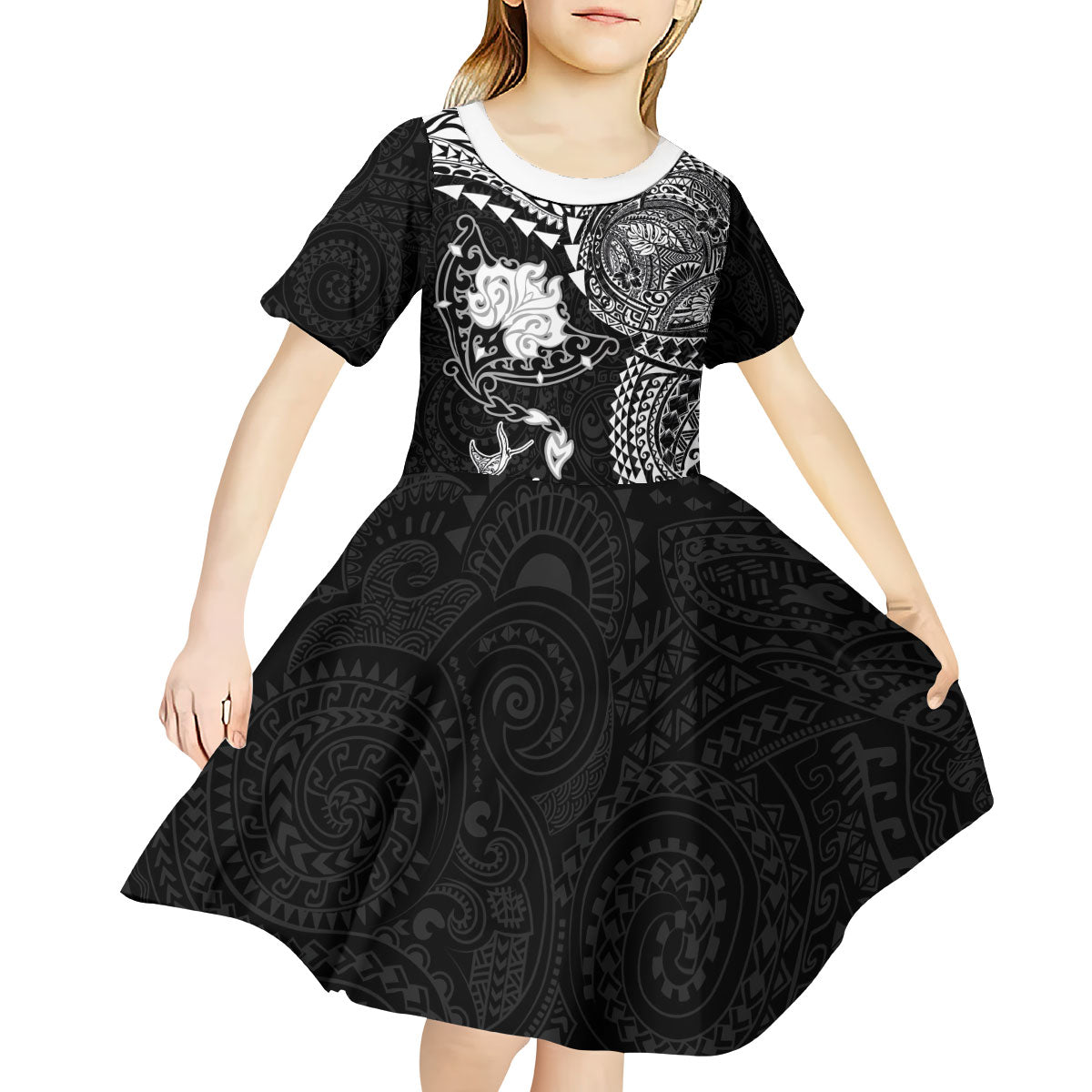 Hawaiian Manta Ray Tribal Kid Short Sleeve Dress Polynesian Art Motifs Black Color