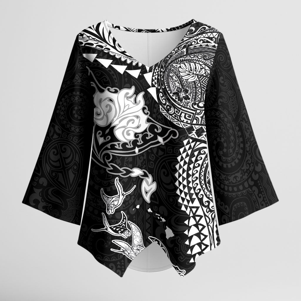 Hawaiian Manta Ray Tribal Kimono Sleeve Blouse Polynesian Art Motifs Black Color LT03 Female Black - Polynesian Pride