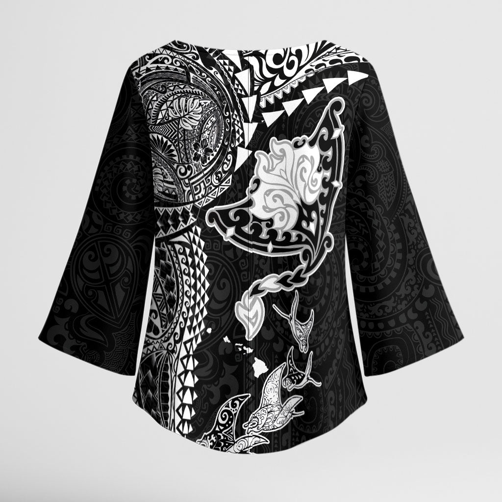 Hawaiian Manta Ray Tribal Kimono Sleeve Blouse Polynesian Art Motifs Black Color LT03 - Polynesian Pride