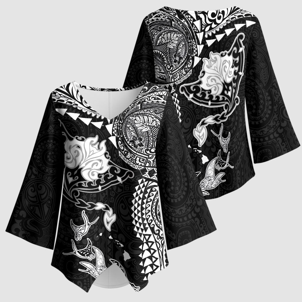 Hawaiian Manta Ray Tribal Kimono Sleeve Blouse Polynesian Art Motifs Black Color LT03 - Polynesian Pride