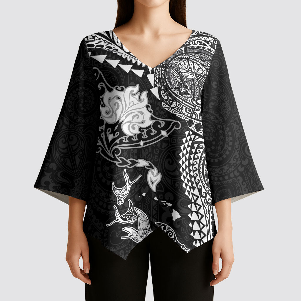 Hawaiian Manta Ray Tribal Kimono Sleeve Blouse Polynesian Art Motifs Black Color LT03 - Polynesian Pride