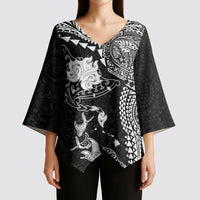 Hawaiian Manta Ray Tribal Kimono Sleeve Blouse Polynesian Art Motifs Black Color LT03 - Polynesian Pride