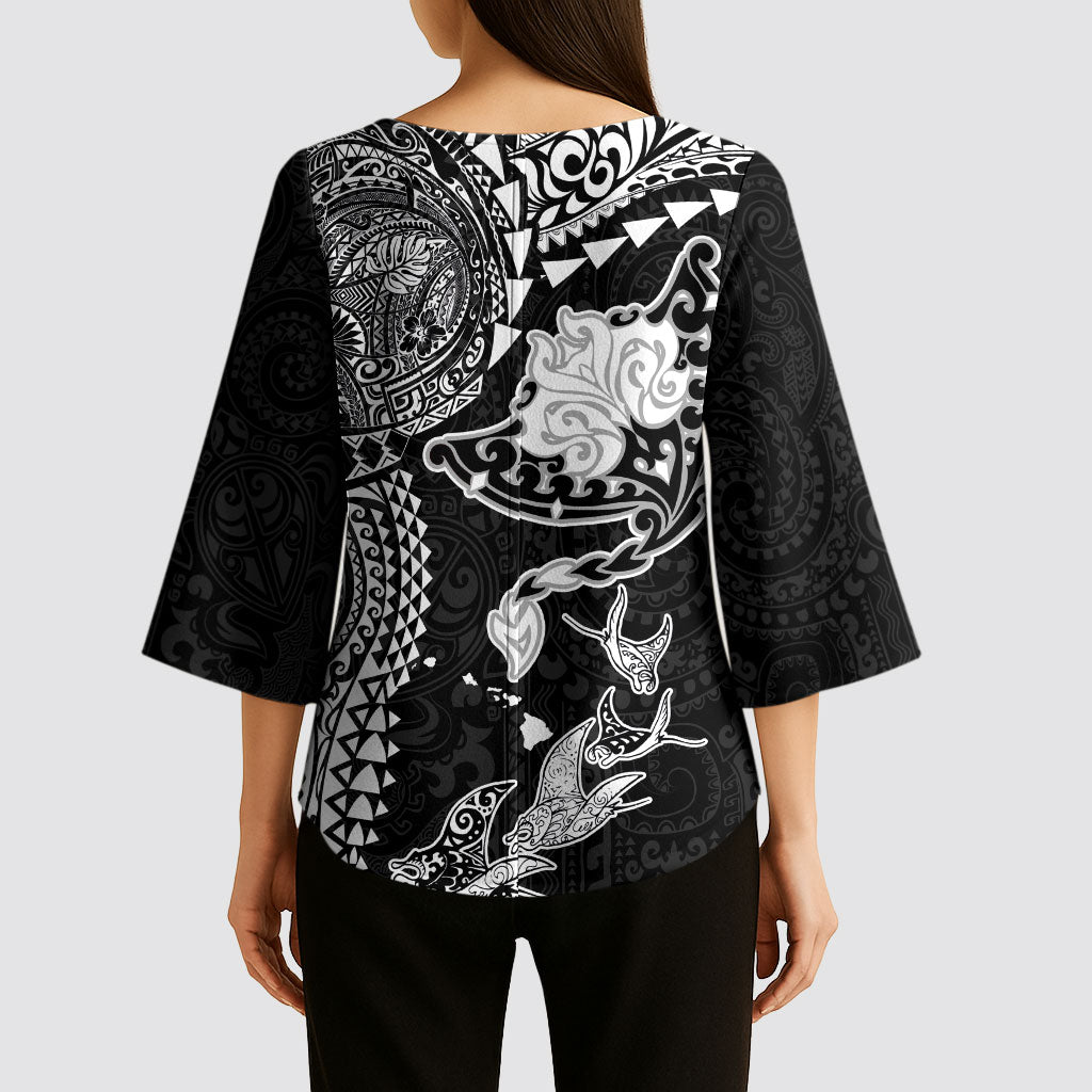 Hawaiian Manta Ray Tribal Kimono Sleeve Blouse Polynesian Art Motifs Black Color LT03 - Polynesian Pride