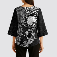 Hawaiian Manta Ray Tribal Kimono Sleeve Blouse Polynesian Art Motifs Black Color LT03 - Polynesian Pride