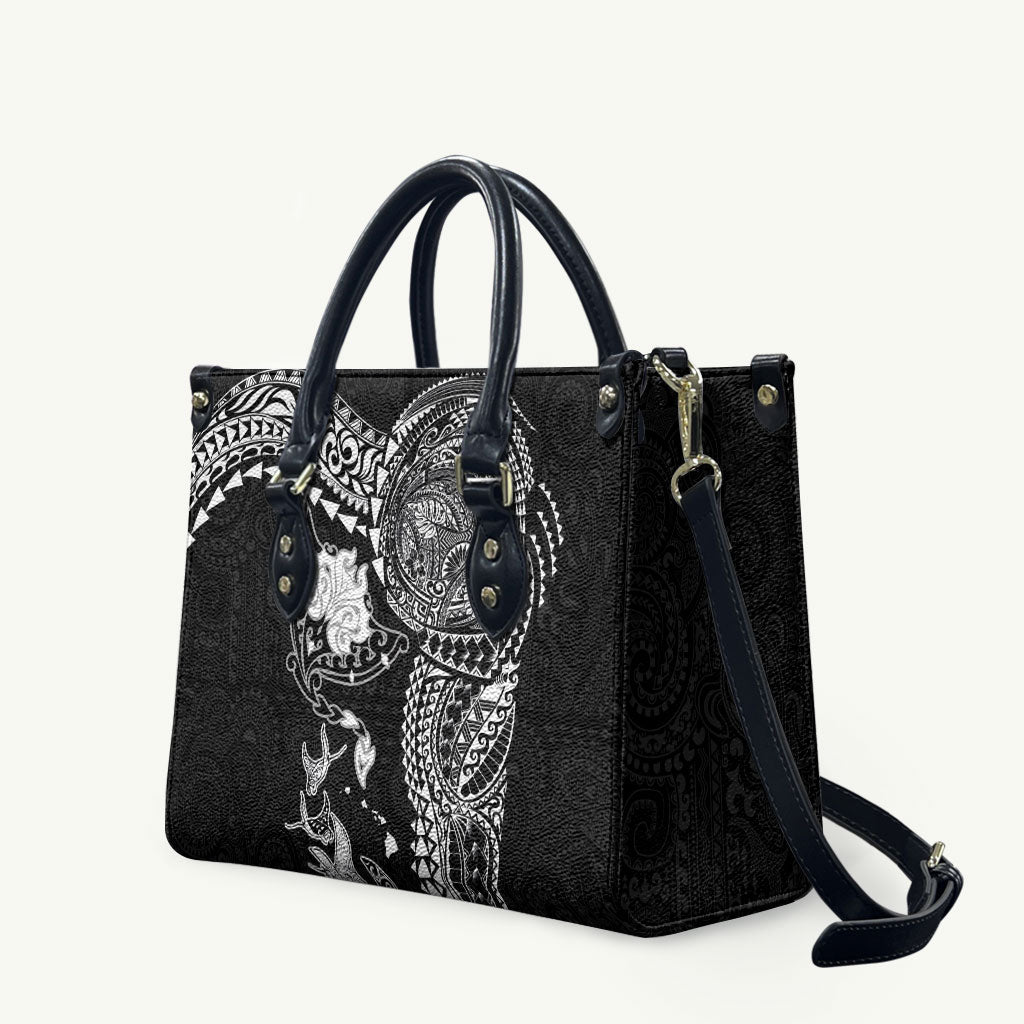 Hawaiian Manta Ray Tribal Leather Bag Polynesian Art Motifs Black Color