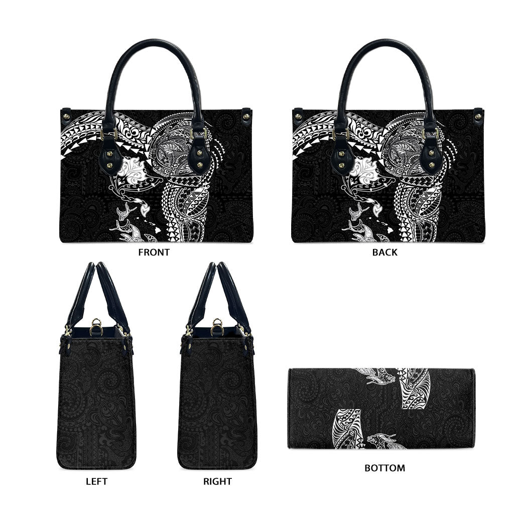Hawaiian Manta Ray Tribal Leather Bag Polynesian Art Motifs Black Color