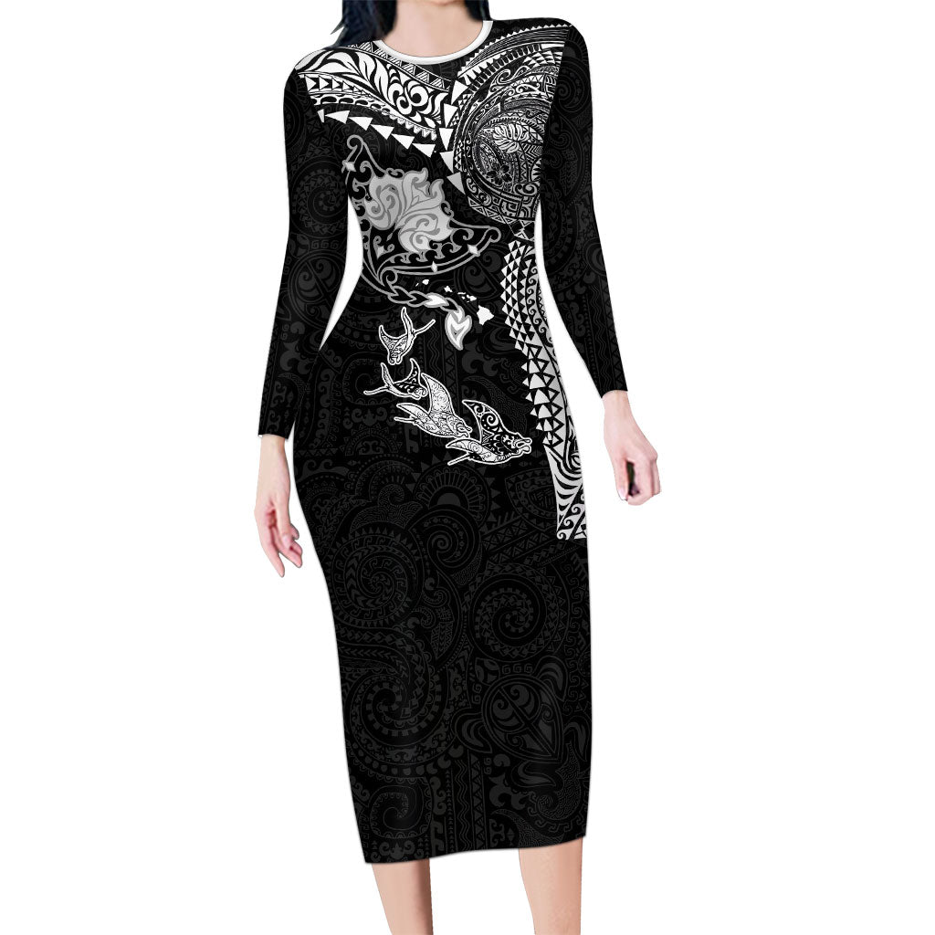 Hawaiian Manta Ray Tribal Long Sleeve Bodycon Dress Polynesian Art Motifs Black Color