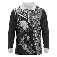 Hawaiian Manta Ray Tribal Long Sleeve Polo Shirt Polynesian Art Motifs Black Color