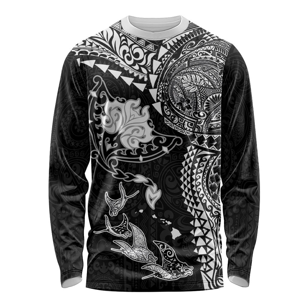Hawaiian Manta Ray Tribal Long Sleeve Shirt Polynesian Art Motifs Black Color