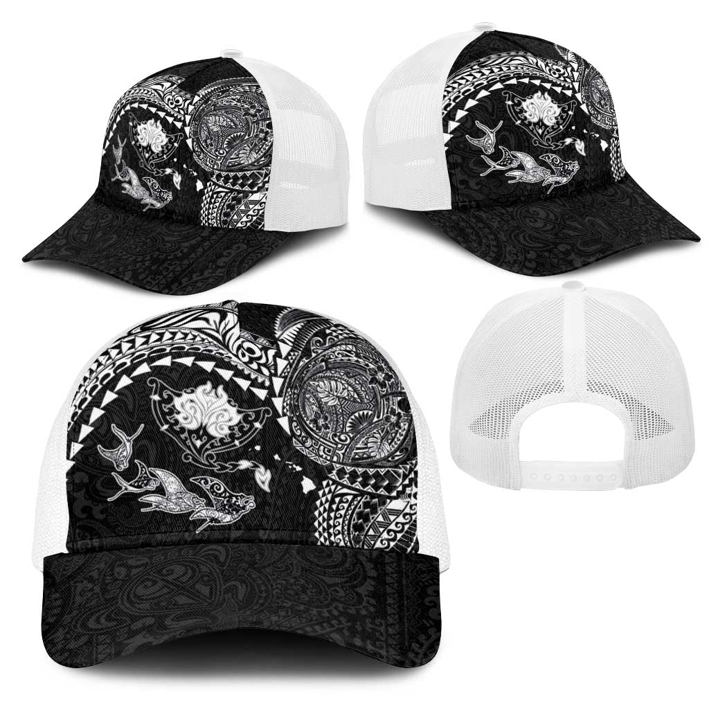 Hawaiian Manta Ray Tribal Mesh Trucker Cap Polynesian Art Motifs Black Color