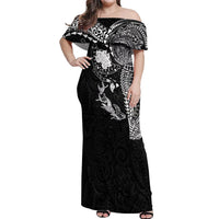 Hawaiian Manta Ray Tribal Off Shoulder Maxi Dress Polynesian Art Motifs Black Color