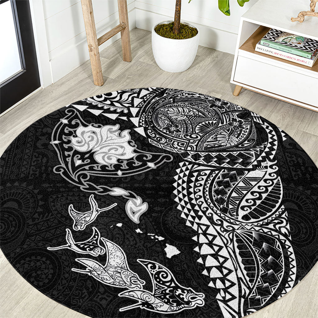 Hawaiian Manta Ray Tribal Round Carpet Polynesian Art Motifs Black Color