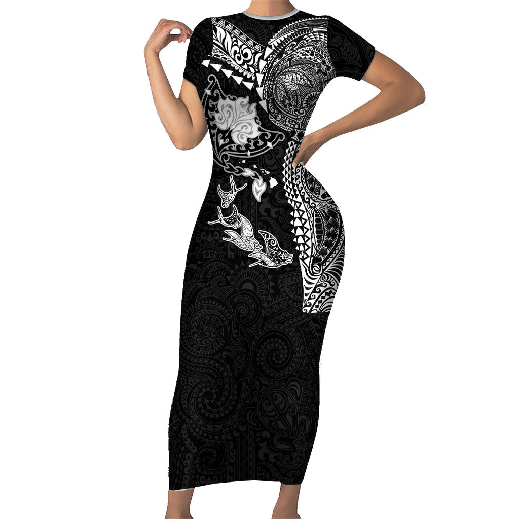 Hawaiian Manta Ray Tribal Short Sleeve Bodycon Dress Polynesian Art Motifs Black Color