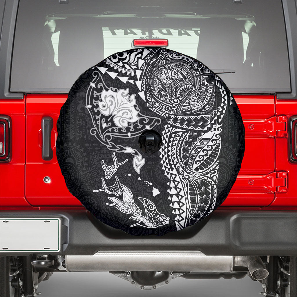 Hawaiian Manta Ray Tribal Spare Tire Cover Polynesian Art Motifs Black Color