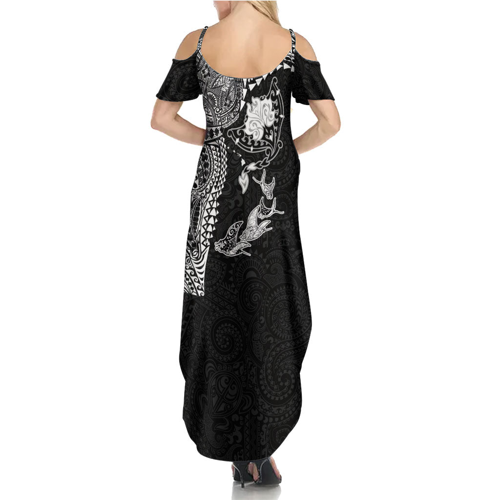 Hawaiian Manta Ray Tribal Summer Maxi Dress Polynesian Art Motifs Black Color