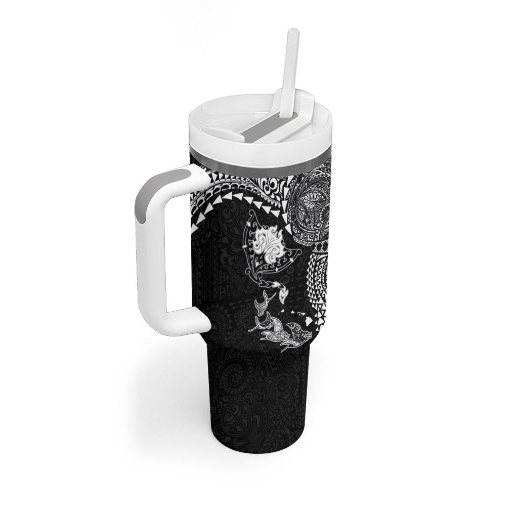 Hawaiian Manta Ray Tribal Tumbler With Handle Polynesian Art Motifs Black Color