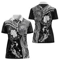 Hawaiian Manta Ray Tribal Women Polo Shirt Polynesian Art Motifs Black Color