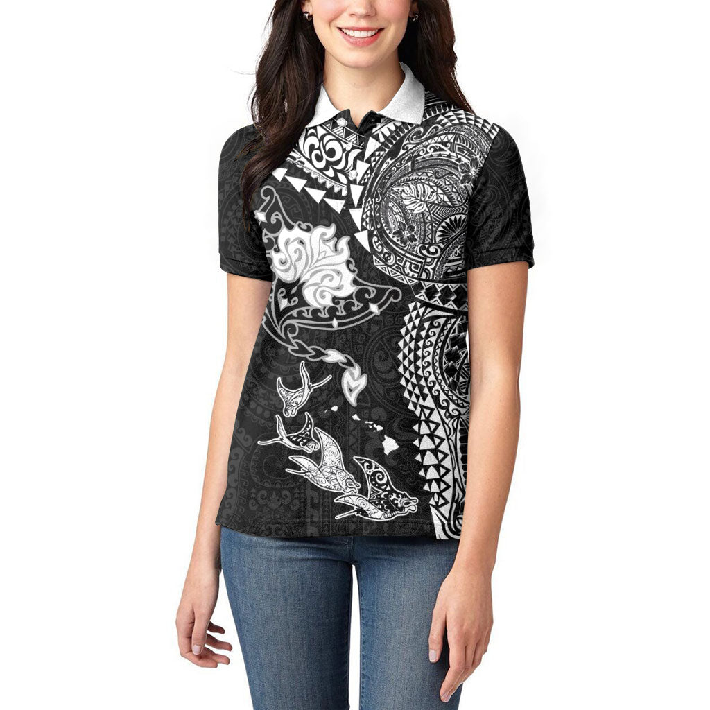 Hawaiian Manta Ray Tribal Women Polo Shirt Polynesian Art Motifs Black Color