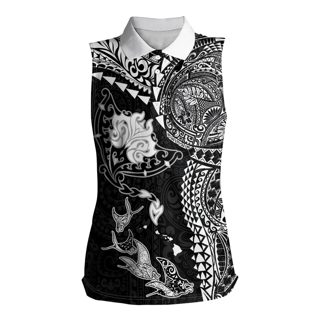 Hawaiian Manta Ray Tribal Women Sleeveless Polo Shirt Polynesian Art Motifs Black Color
