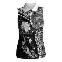 Hawaiian Manta Ray Tribal Women Sleeveless Polo Shirt Polynesian Art Motifs Black Color