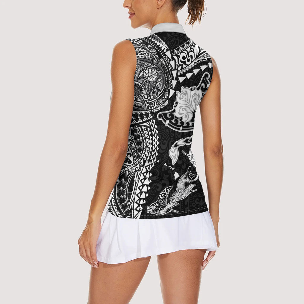 Hawaiian Manta Ray Tribal Women Sleeveless Polo Shirt Polynesian Art Motifs Black Color