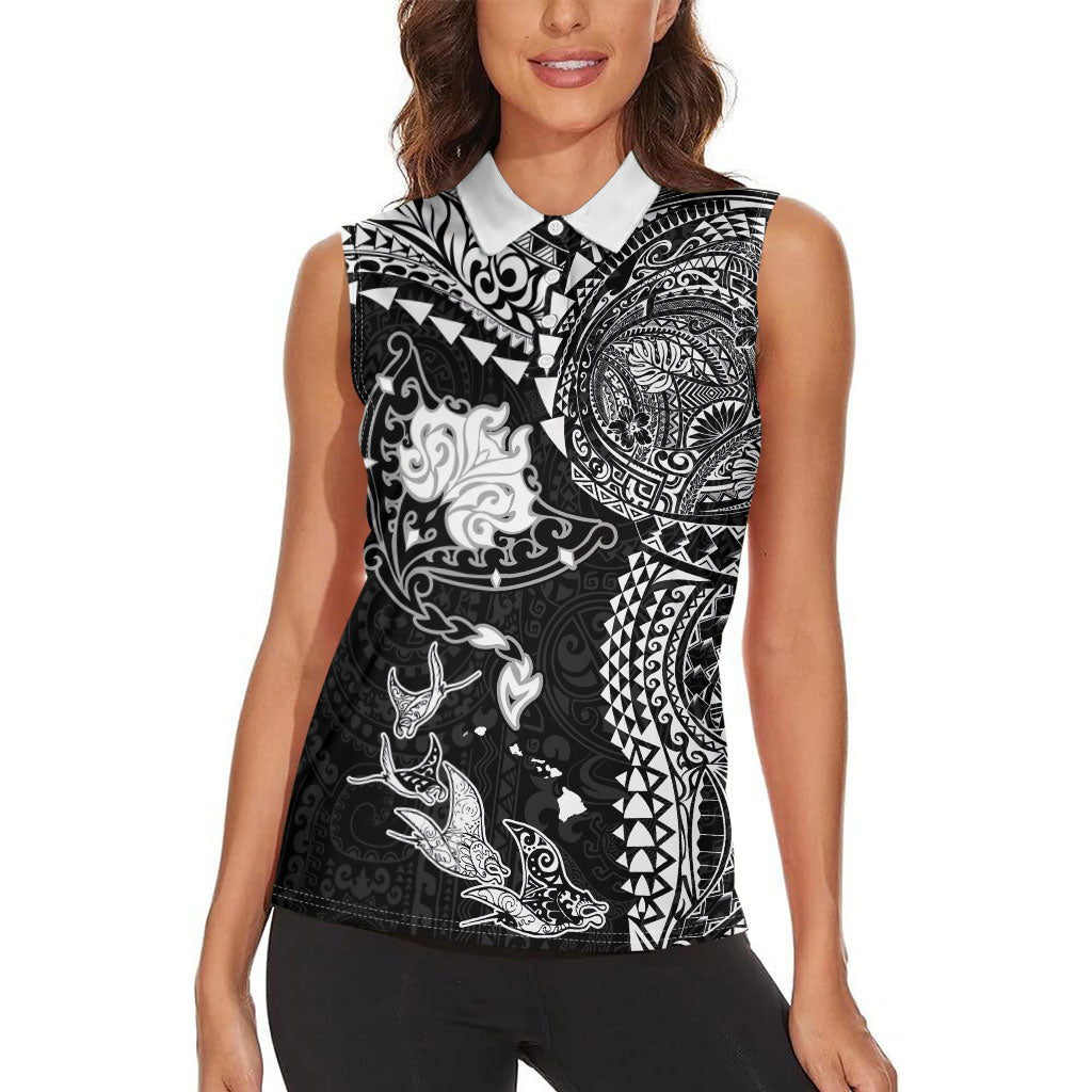 Hawaiian Manta Ray Tribal Women Sleeveless Polo Shirt Polynesian Art Motifs Black Color