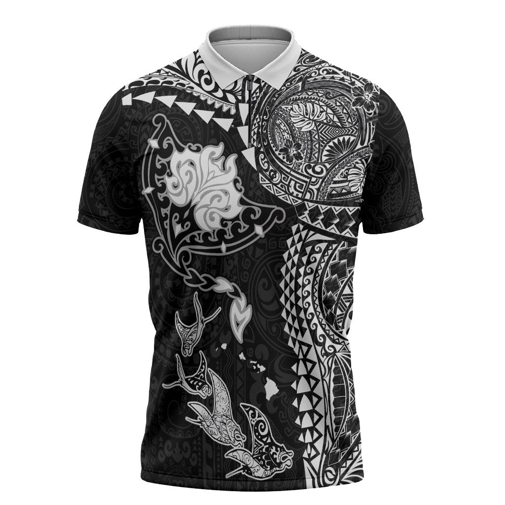 Hawaiian Manta Ray Tribal Zipper Polo Shirt Polynesian Art Motifs Black Color