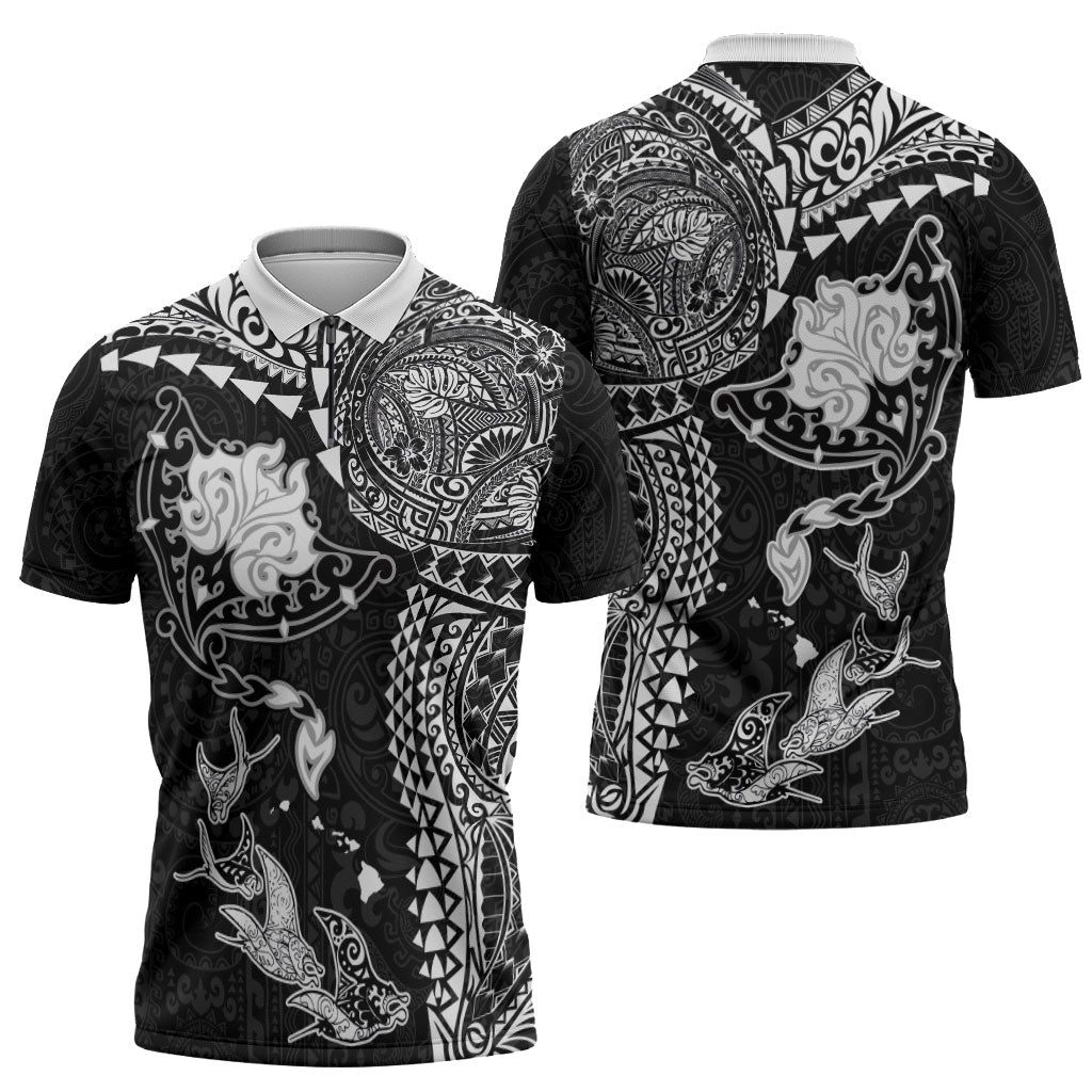 Hawaiian Manta Ray Tribal Zipper Polo Shirt Polynesian Art Motifs Black Color