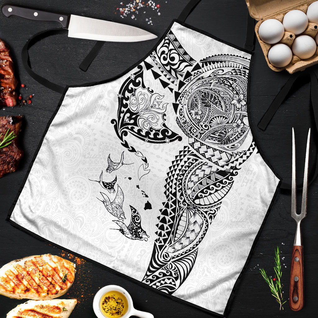 Hawaiian Manta Ray Tribal Apron Polynesian Art Motifs White Color LT03 White - Polynesian Pride