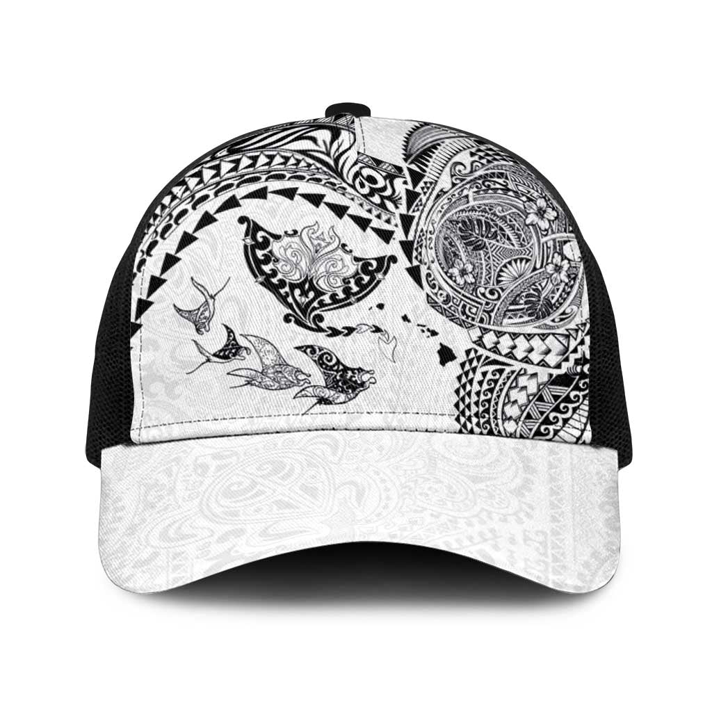 Hawaiian Manta Ray Tribal Baseball Net Cap Polynesian Art Motifs White Color LT03 One Size Black White - Polynesian Pride