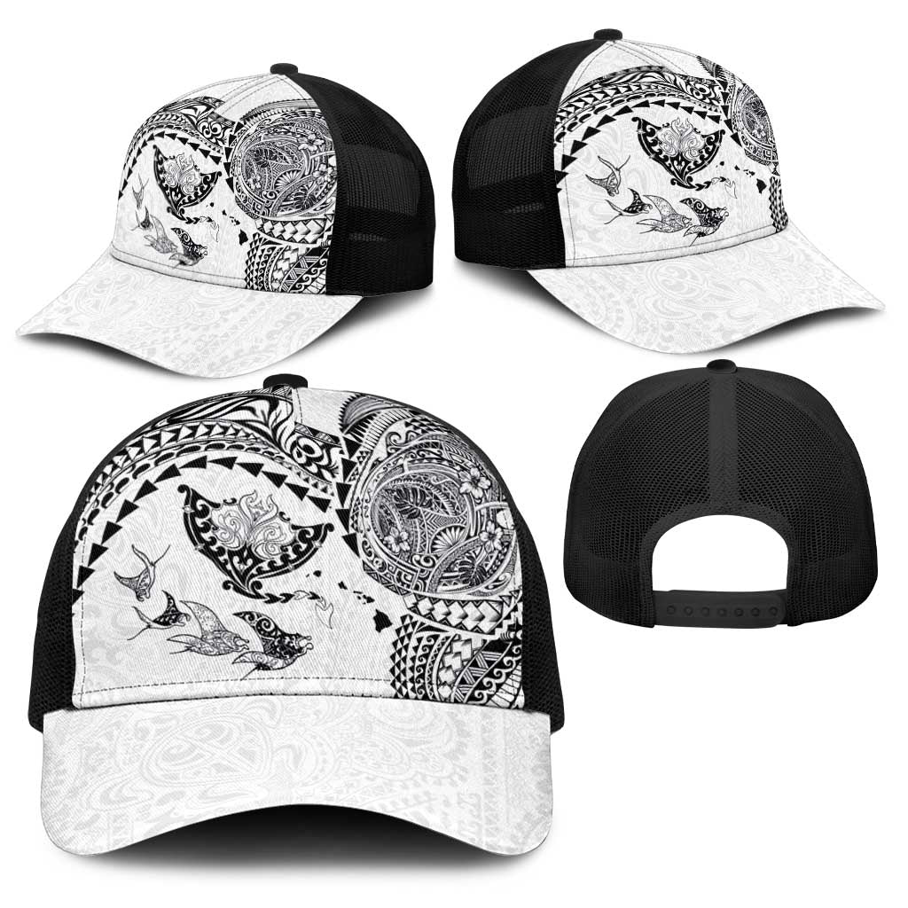 Hawaiian Manta Ray Tribal Baseball Net Cap Polynesian Art Motifs White Color LT03 - Polynesian Pride