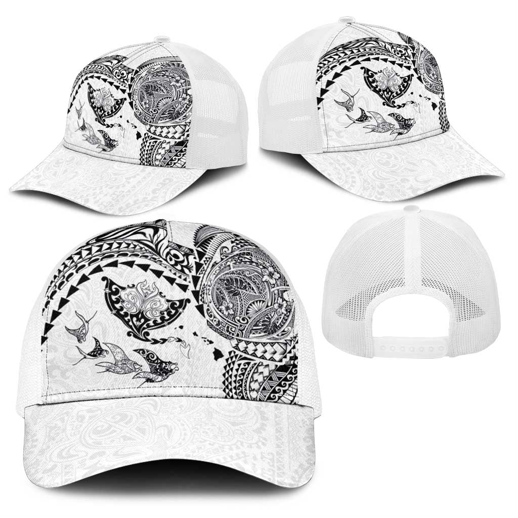 Hawaiian Manta Ray Tribal Baseball Net Cap Polynesian Art Motifs White Color LT03 - Polynesian Pride