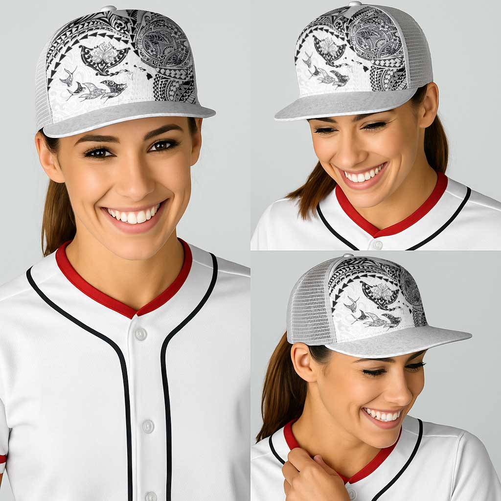 Hawaiian Manta Ray Tribal Baseball Net Cap Polynesian Art Motifs White Color LT03 - Polynesian Pride