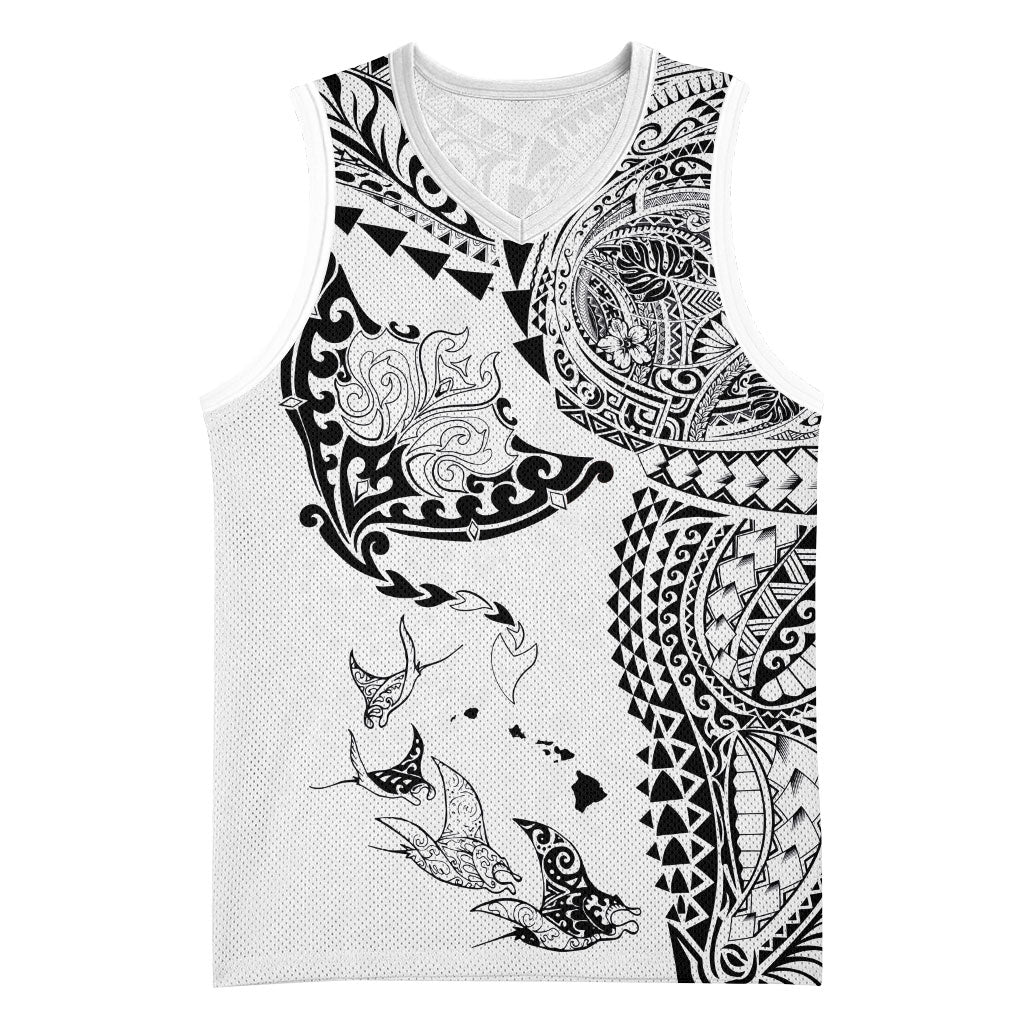 Hawaiian Manta Ray Tribal Basketball Jersey Polynesian Art Motifs White Color