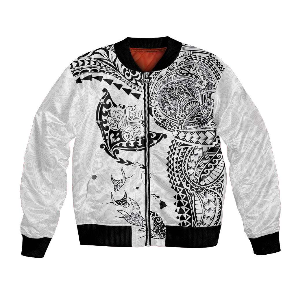 Hawaiian Manta Ray Tribal Bomber Jacket Polynesian Art Motifs White Color LT03 Unisex White - Polynesian Pride