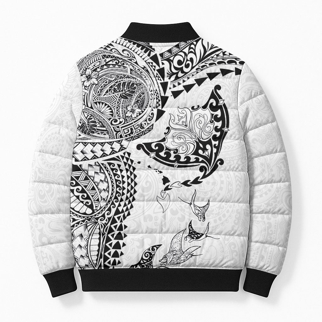 Hawaiian Manta Ray Tribal Bomber Puffer Jacket Polynesian Art Motifs White Color