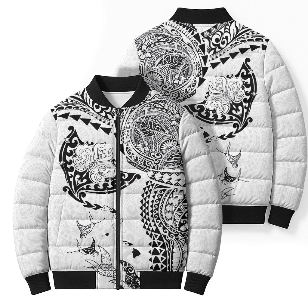 Hawaiian Manta Ray Tribal Bomber Puffer Jacket Polynesian Art Motifs White Color