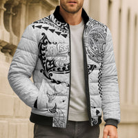 Hawaiian Manta Ray Tribal Bomber Puffer Jacket Polynesian Art Motifs White Color