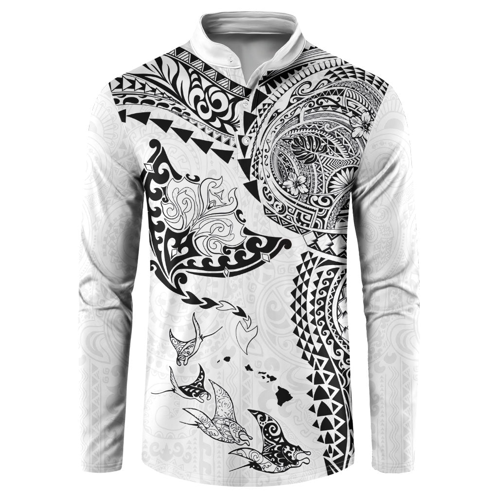 Hawaiian Manta Ray Tribal Button Sweatshirt Polynesian Art Motifs White Color