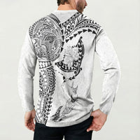 Hawaiian Manta Ray Tribal Button Sweatshirt Polynesian Art Motifs White Color