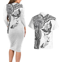 Hawaiian Manta Ray Tribal Couples Matching Long Sleeve Bodycon Dress and Hawaiian Shirt Polynesian Art Motifs White Color