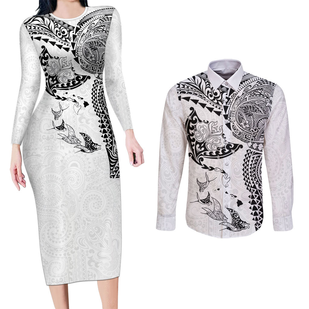 Hawaiian Manta Ray Tribal Couples Matching Long Sleeve Bodycon Dress and Long Sleeve Button Shirt Polynesian Art Motifs White Color