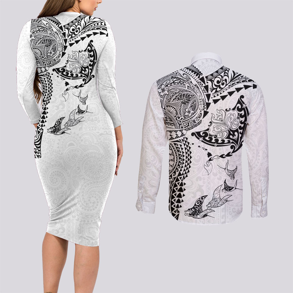Hawaiian Manta Ray Tribal Couples Matching Long Sleeve Bodycon Dress and Long Sleeve Button Shirt Polynesian Art Motifs White Color